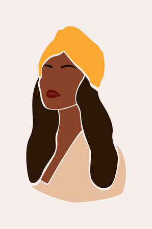 Portrait of faceless woman in beautiful hat. Abstract black girl. African female. Trendy minimal vector illustration isolated.のイラスト素材