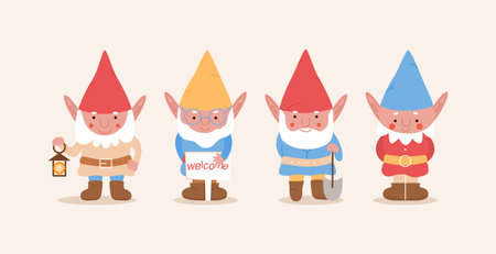 Cute little gnomes.Collection of garder gnomes. Set of fairy tale characters. Cartoon vector illustration.のイラスト素材