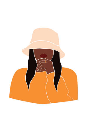 Abstract fashion stylish woman. Beautiful afro american female in cap. Woman outfit. Minimal vector illustration isolated on background.のイラスト素材