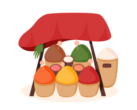 Arab or Asian spices stall counter. Colorful outdoor spices market or bazaar. Organic farm products. Flat cartoon vector illustration isolated on white background.のイラスト素材