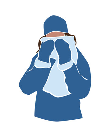 Abstract faceless woman in jacket,hat and scarf. Female in winter stylish outfit. Christmas and New Year look. Modern vector illustration on white background.のイラスト素材