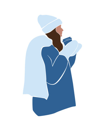 Abstract faceless woman in jacket,hat and scarf with coffee. Female in winter stylish outfit. Christmas and New Year look. Modern vector illustration on white background.のイラスト素材