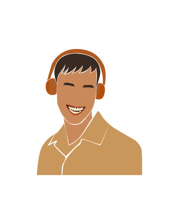 Abstract faceless man in headphones.Boy listen to an audio recording with headphones and smiles. Modern vector illustration on white background.のイラスト素材