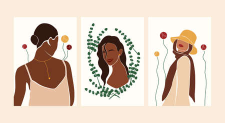 Modern collection of prints with abstract women and plants. Set of trendy minimalist female posters. Vector illustration isolated on white background.のイラスト素材