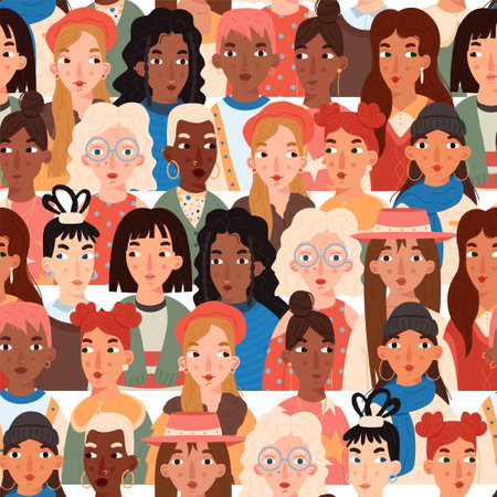 Trendy seamless pattern with cute girls. Abstract bright wallpaper. Funny diverse cartoon character. Modern vector illustration.のイラスト素材