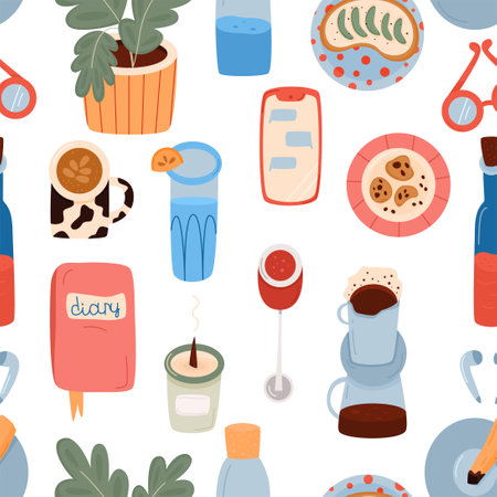 Trendy seamless pattern with elements daily life. Abstract bright wallpaper. Modern vector illustration.のイラスト素材