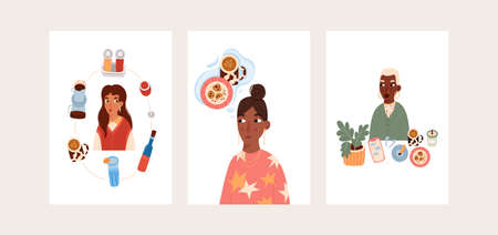 Set of cute posters with girls and objects. Pretty modern prints for any purpose design. Vector...