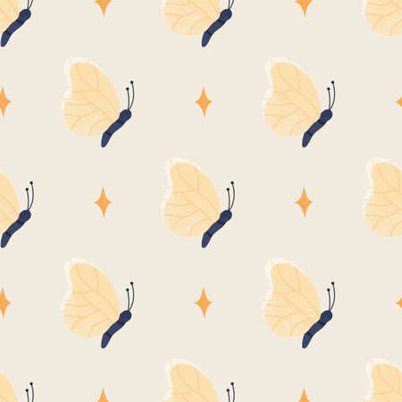 Abstract hand drawn pattern with butterfly for textile design. Vector seamless pattern.のイラスト素材