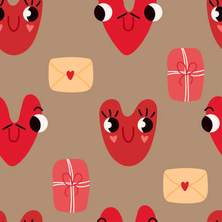 Seamless pattern with cute funny heart faces and gifs and mails in trendy style. Cool romantic...