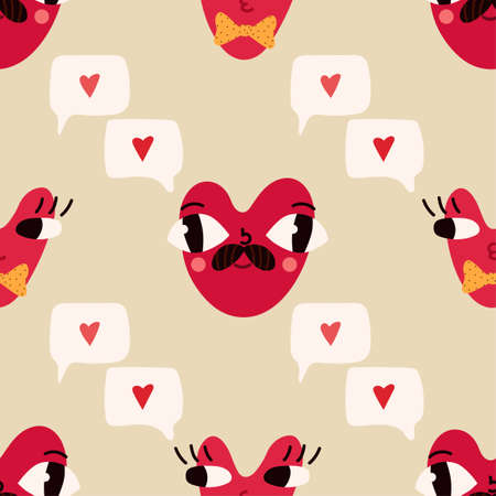 Seamless pattern with cute funny heart faces and messages in trendy style. Cool romantic print. Modern vector illustrationのイラスト素材