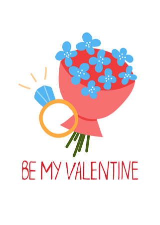 Cute love postcard with flowers and ring in hand drawn style. Creative concept design.Simple vector illustrationのイラスト素材
