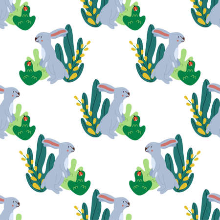 Vector seamless pattern with cute rabbits and leaves. Nursery print. Nature backdrop. Spring easter backgroundのイラスト素材
