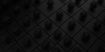 3d render. Black geometric background depicting a coronavirus. A lot of black modern and fashionable virus. Concept pattern, medicine, fashion, modernの写真素材