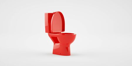 3d render. Realistic red toilet toilet bowl on a white background in the toilet room. Toilet bowl with a lid. The concept of plumbing, minimalism, fashion, interior, illustrationの写真素材