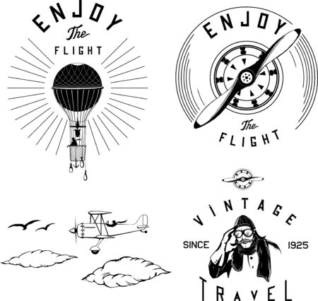 aviation logo set black airplane biplane vintageのイラスト素材