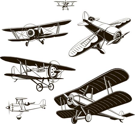 vintage biplanes set vector black old, logo, emblem, labelのイラスト素材