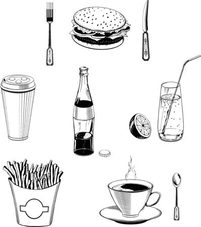 cafe food vector set black fast-food monogramのイラスト素材