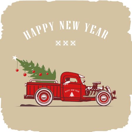 Christmas truck, side view in color, vector image, old card styleのイラスト素材