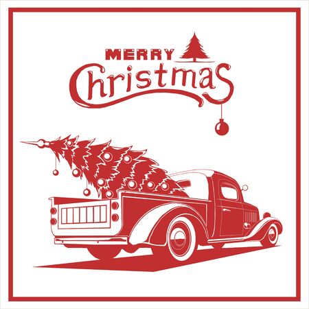 Christmas truck, red color, vector image, old card styleのイラスト素材