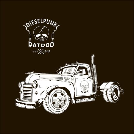 diesel truck ratrod dieselpunk 2x4 white on black, retro, vector imageのイラスト素材