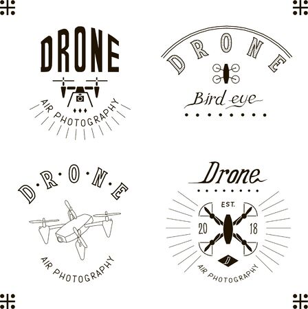 vector drawing drone logo set, quadrocopter, miltycopter logo simbol, lettering, isolatedのイラスト素材