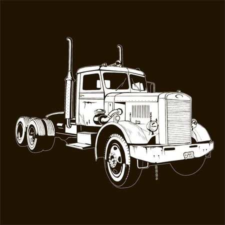 retro truck classic diesel vehicle cargo isolated semi trailer truck 18 wheeler tractor big rig lorry white on blackのイラスト素材