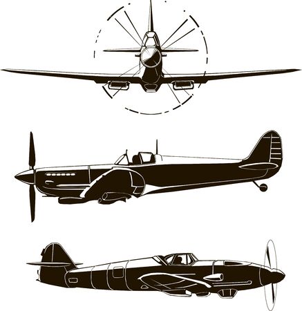 Second World War fighter, navy airplane, vector illustration, Britain, Germany, front and side view, isolated, monogram, silhouette, black graphic drawingのイラスト素材