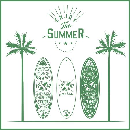 vector surf board poster lettering logo hand drawing, print color green and white monogramのイラスト素材