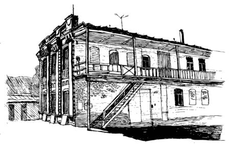 two-story house of the late 19th century in a European city, courtyard facade, vector illustrationのイラスト素材