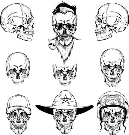 vector skulls set, monogram, graphic illustration, side and front view, clip artのイラスト素材
