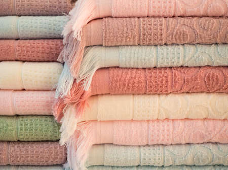 Background texture of Pile of colorful clean towelsの写真素材