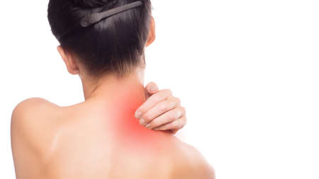 Pain. Woman touchig her neck. Massaging neck.の写真素材