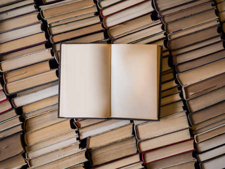 Top view of an opened book over lot of books. Wisdom and knowledge concept. Blankの写真素材