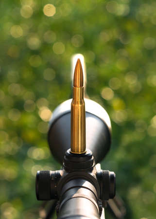 Cartridge on rifle scope. Close up view.の写真素材