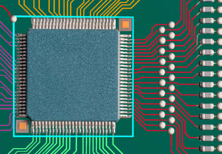 Electronic circuit board with processor, close up photo
