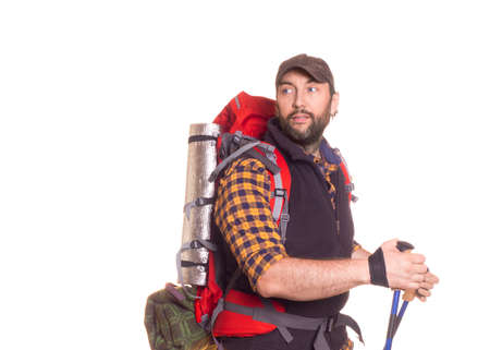 Handsome middle aged traveler with backpack isolated on white.の写真素材