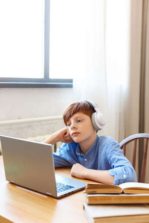 Verlical photo a boy pupil in front of a laptop monitor during an online lesson. Online education...