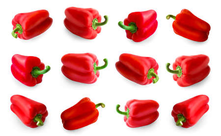 A lot of red bell pepper on a white background.