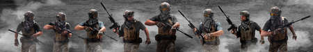 Large group mercenaries soldiers, during a special operation in smoke. Collage - one model in few...