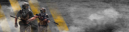 Two military mercenaries against the background of the concrete wall of an underground bunker - they...