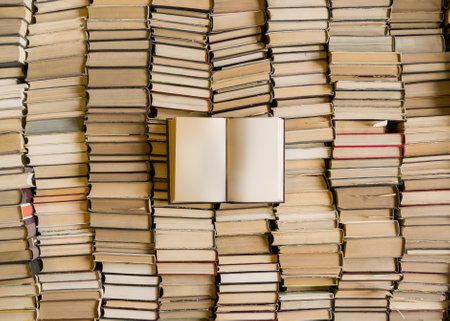 Opened book over lot of books. Wisdom and education concept.の写真素材