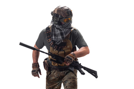 Professional special forces fighter, during a special operation is shrouded, in smoke against a dark...