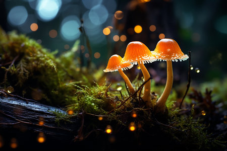 Wet mushrooms in a forest.の素材