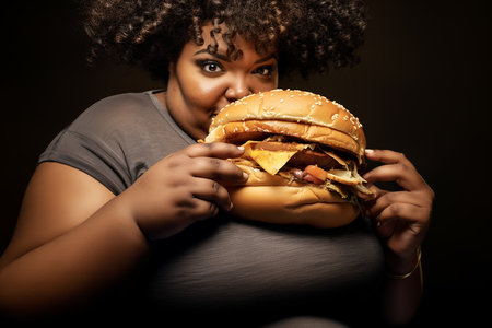 Fat african-american woman with a big burger.の素材