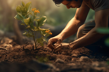 Hands of a young man is planting a flower in his garden.の素材