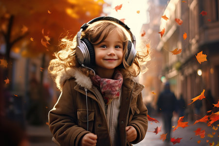 Happy little girl in headphones outdoor.の素材