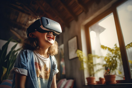 Little girl wearing VR glasses having fun at home.の素材