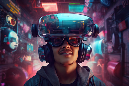 Portrait of a young man in VR glasses.の素材