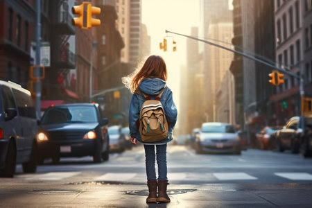 Little kid with a backpack at his first day of school.の素材