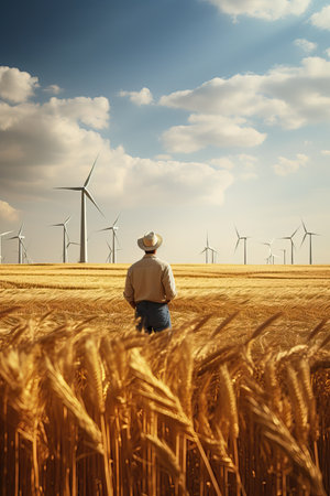 Photorealistic image of a farmer in a wheat field.の素材
